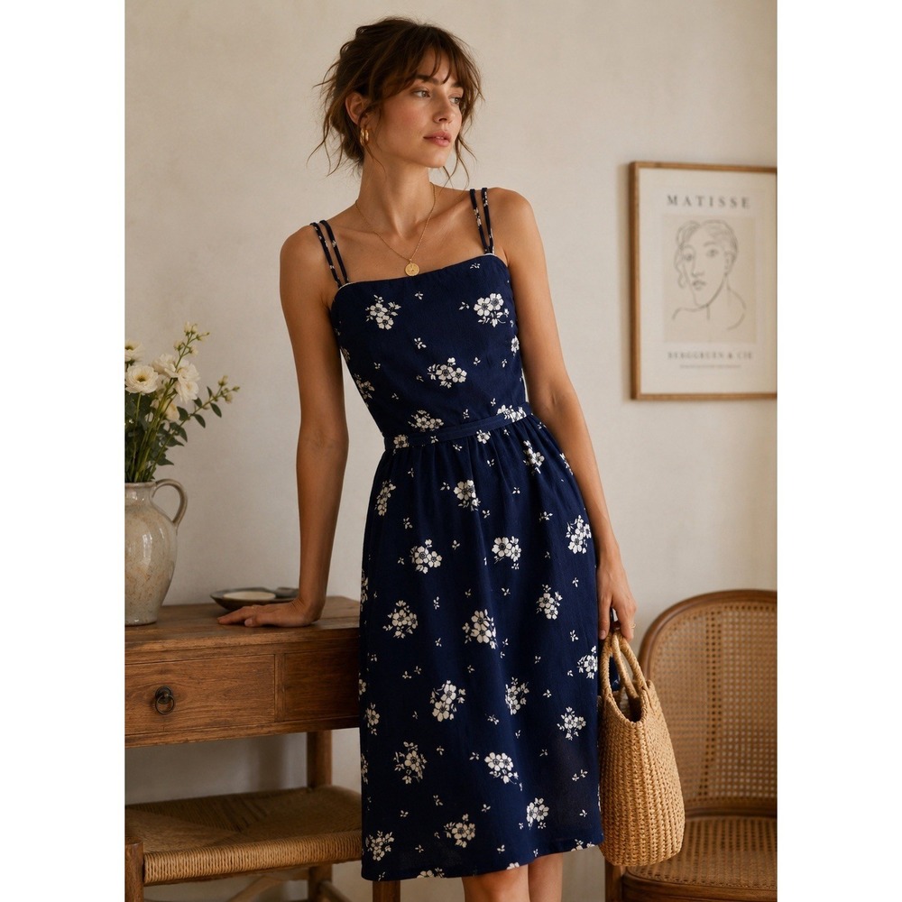 Vintage Lanz Originals Navy Blue Floral Sundress Cottagecore Fit & Flare XS